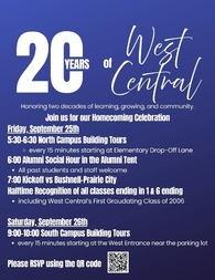 A blue and purple promotional graphic titled "20 Years of West Central" announcing the Homecoming Celebration on Friday, September 25th, and Saturday, September 26th. The schedule lists campus tours, an alumni social hour, halftime recognition, a football